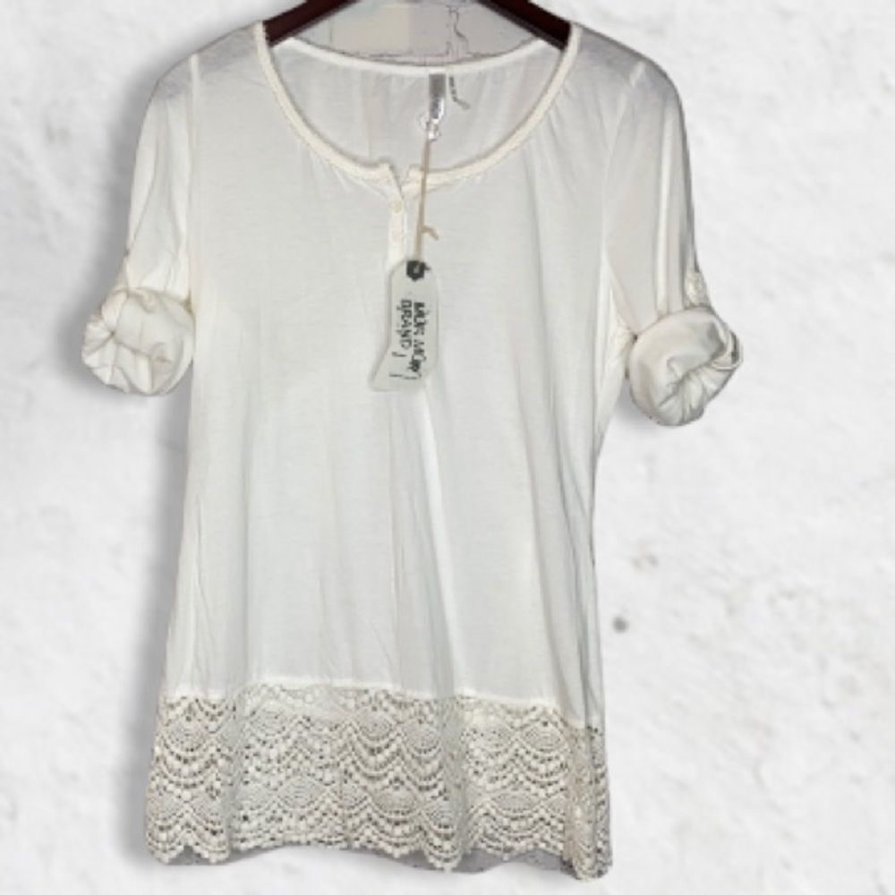 Anthropologie MURΒ MUR Cottonβ Lace RollβSleeve TeeβTop White L